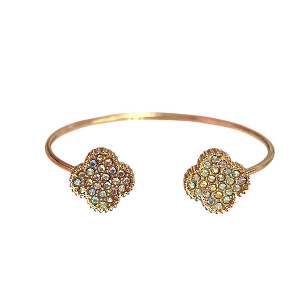 💎2/$30💎 Double Clover Aurora Borealis Rhinestone Gold Tone Open Bracelet
